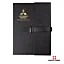 The Swiss Force® Attila Hardcover Journal w/ Belt combines modern function with a sleek leatherette cover and a secure wraparound belt closure. Inside, the refillable journal includes two card slots and a built-in pen holder for effortless organization on
