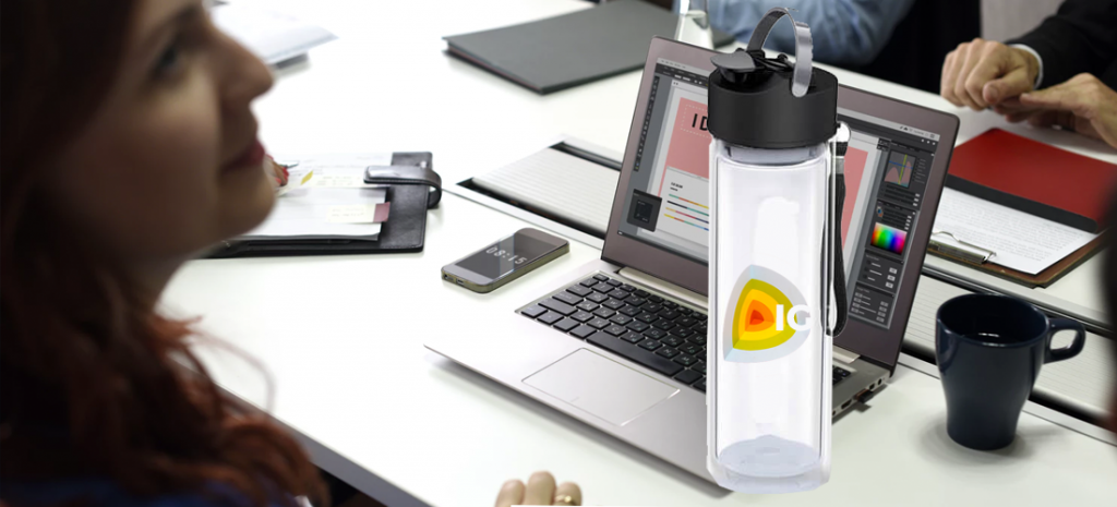 Glass water bottle for Calgary tech company