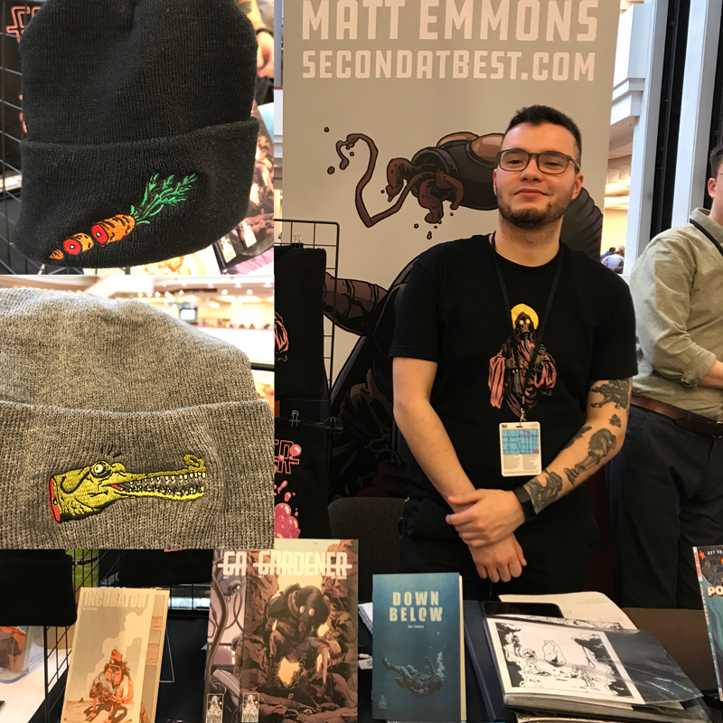 Showing custom embroidered toques at Toronto Comic Arts Fair