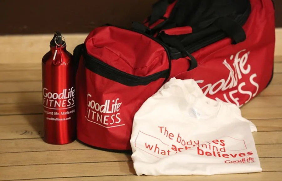 Custom printed gym bags at the GoodLife Fitness
