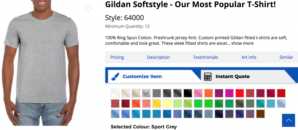 A screenshot from Artik's custom t-shirt page for Gildan Softstyle shirt