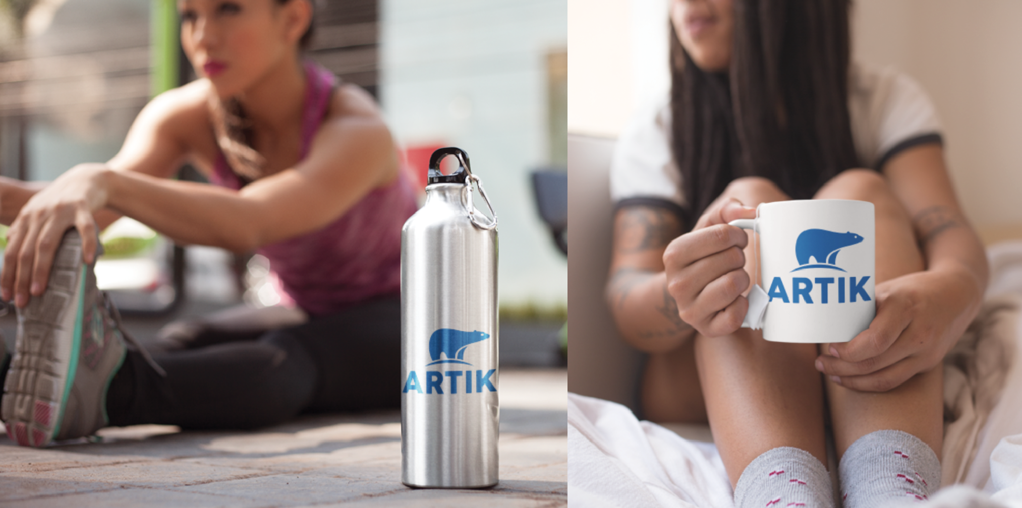 Women stretching with a printed water bottle and another with a printed mug